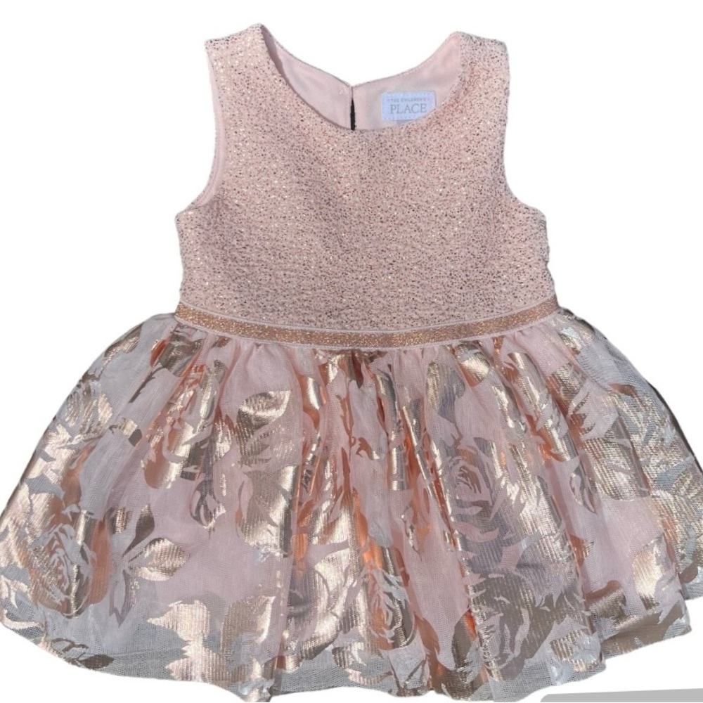 THE CHILDREN'S PLACE, Pink Glitter with Gold Rose, Fit and Flare Dress-9-12 M